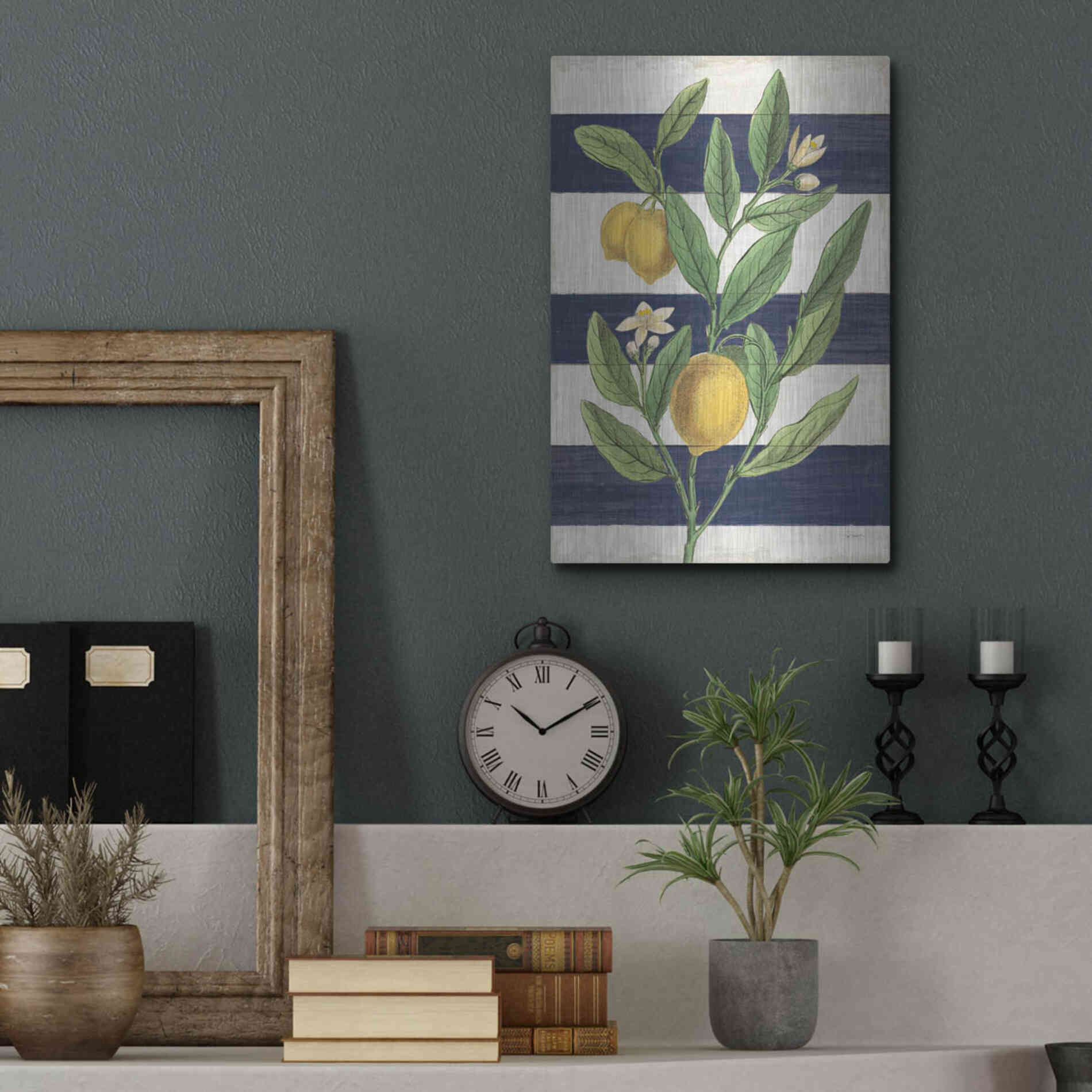 Luxe Metal Art 'Classic Citrus V Navy Shiplap NW' by Sue Schlabach, Metal Wall Art,12x16