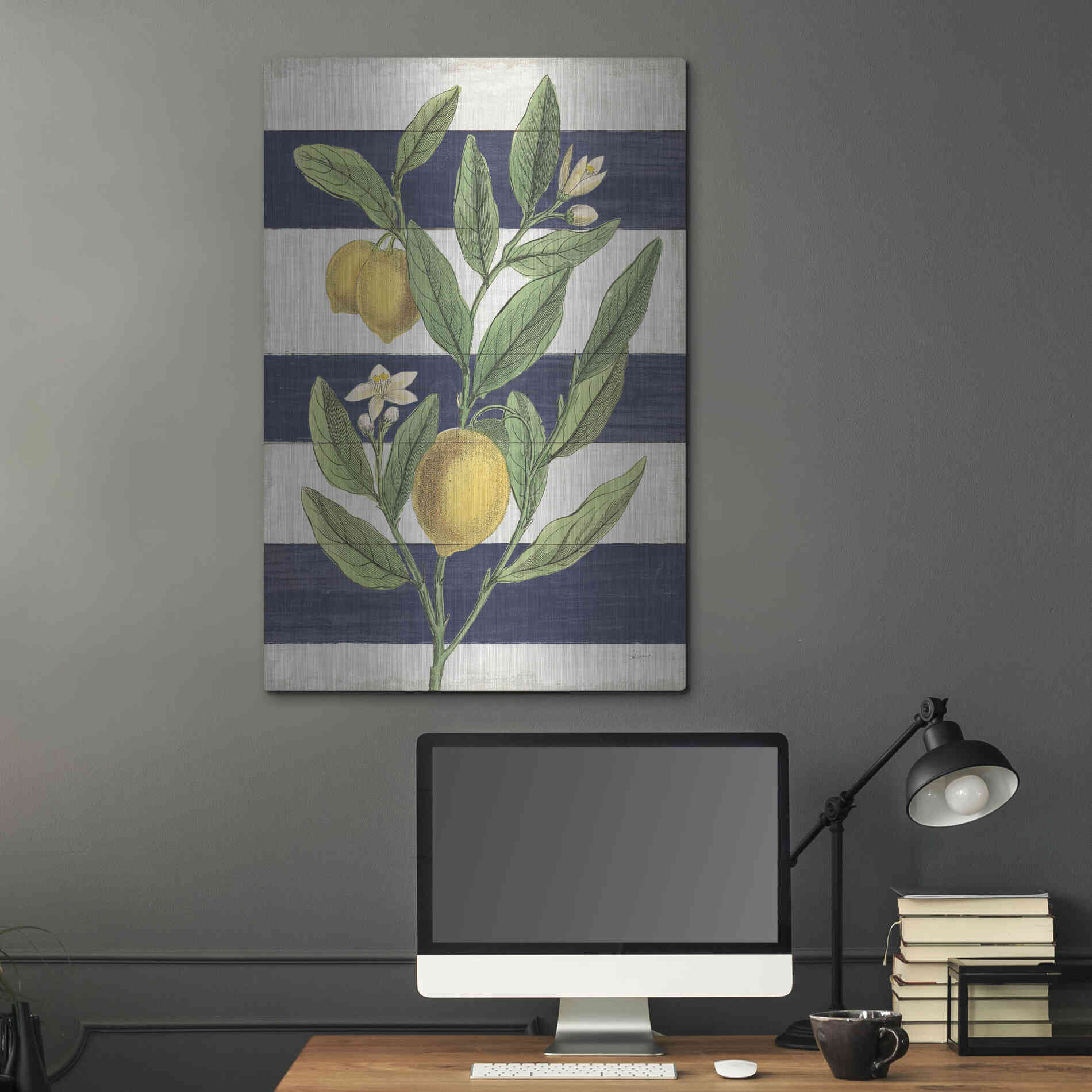 Luxe Metal Art 'Classic Citrus V Navy Shiplap NW' by Sue Schlabach, Metal Wall Art,24x36