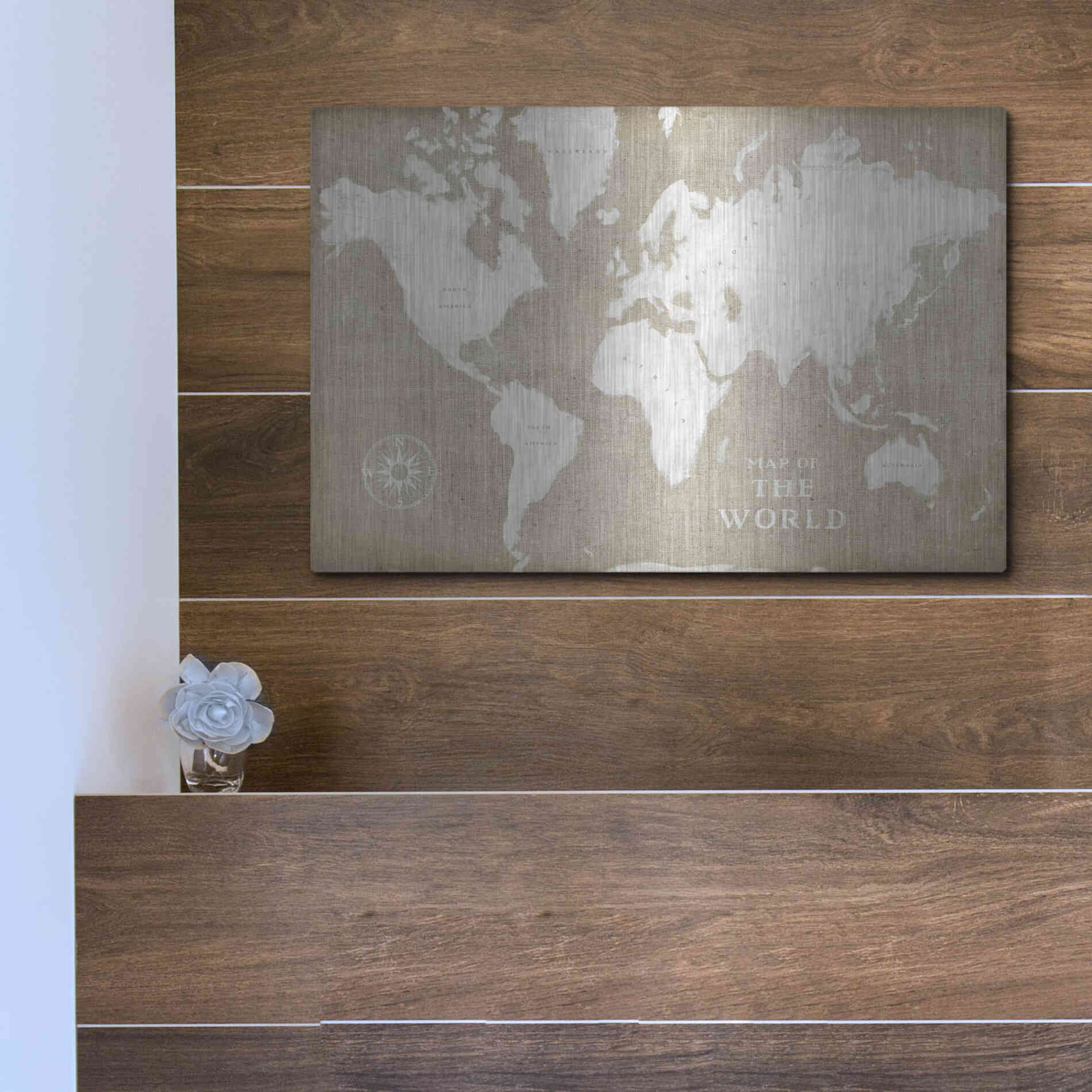 Luxe Metal Art 'Burlap World Map I' by Sue Schlabach, Metal Wall Art,16x12