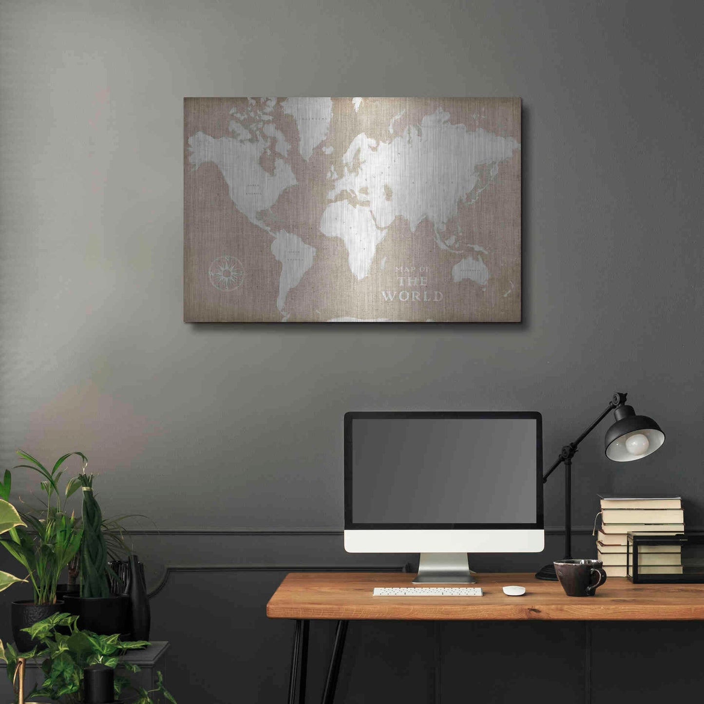 Luxe Metal Art 'Burlap World Map I' by Sue Schlabach, Metal Wall Art,36x24