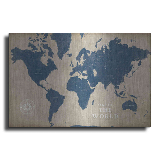 Luxe Metal Art 'Burlap World Map I Navy' by Sue Schlabach, Metal Wall Art