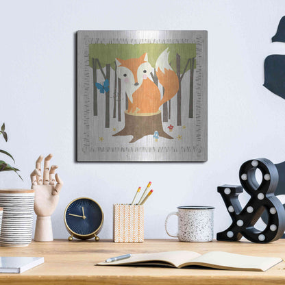 Luxe Metal Art 'Wood Land Hideaway Fox' by Moira Hershey, Metal Wall Art,12x12