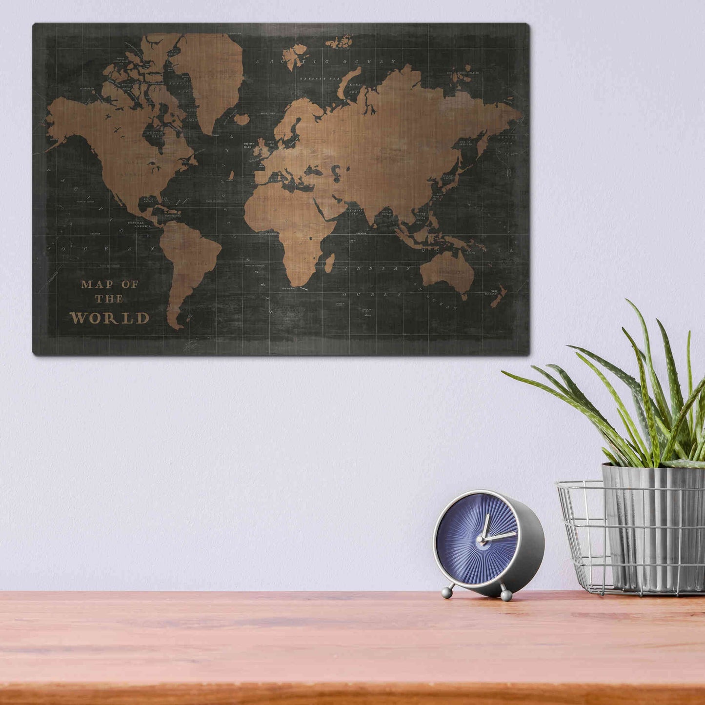 Luxe Metal Art 'World Map Industrial' by Sue Schlabach, Metal Wall Art,16x12