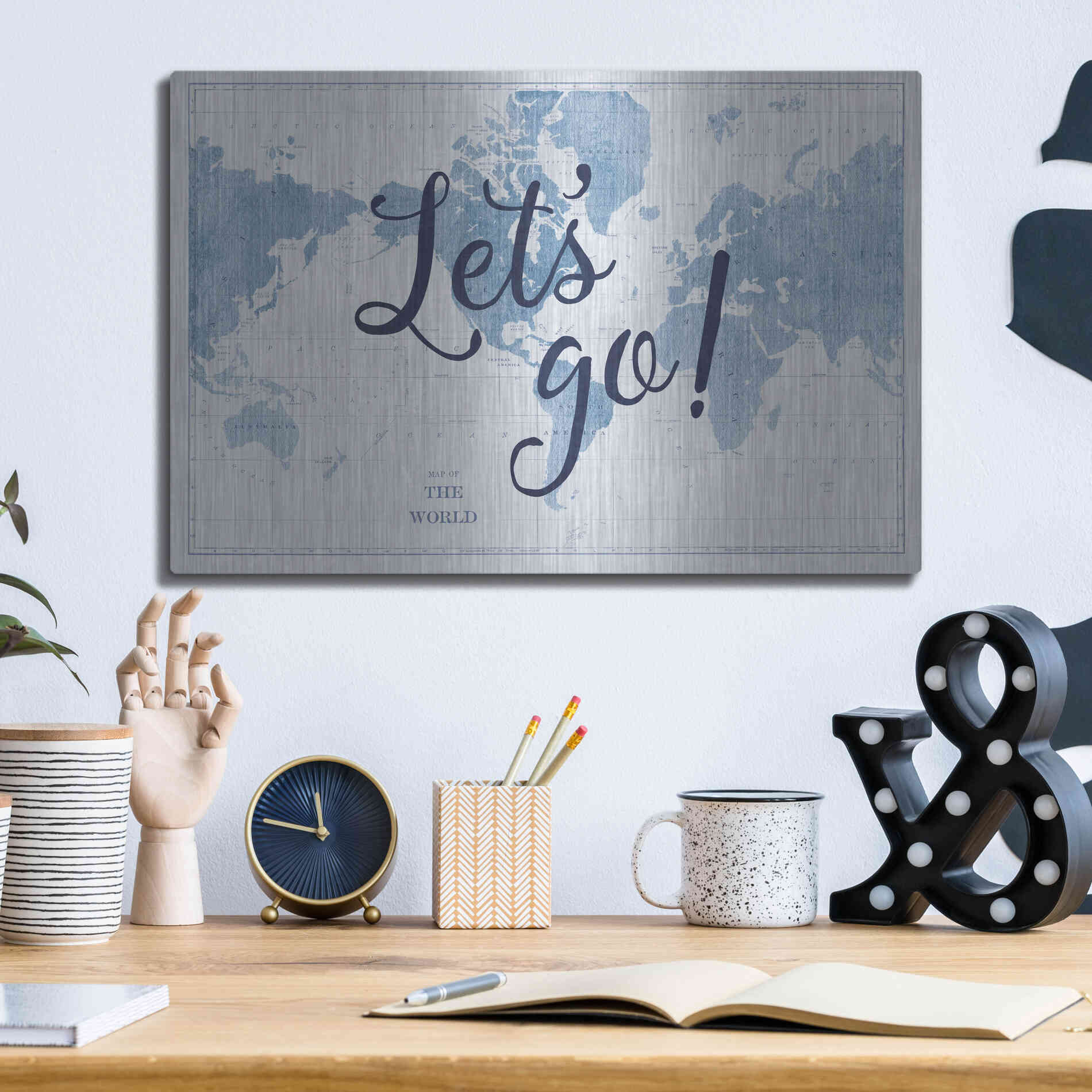 Luxe Metal Art 'Blueprint World Map Lets Go' by Sue Schlabach, Metal Wall Art,16x12