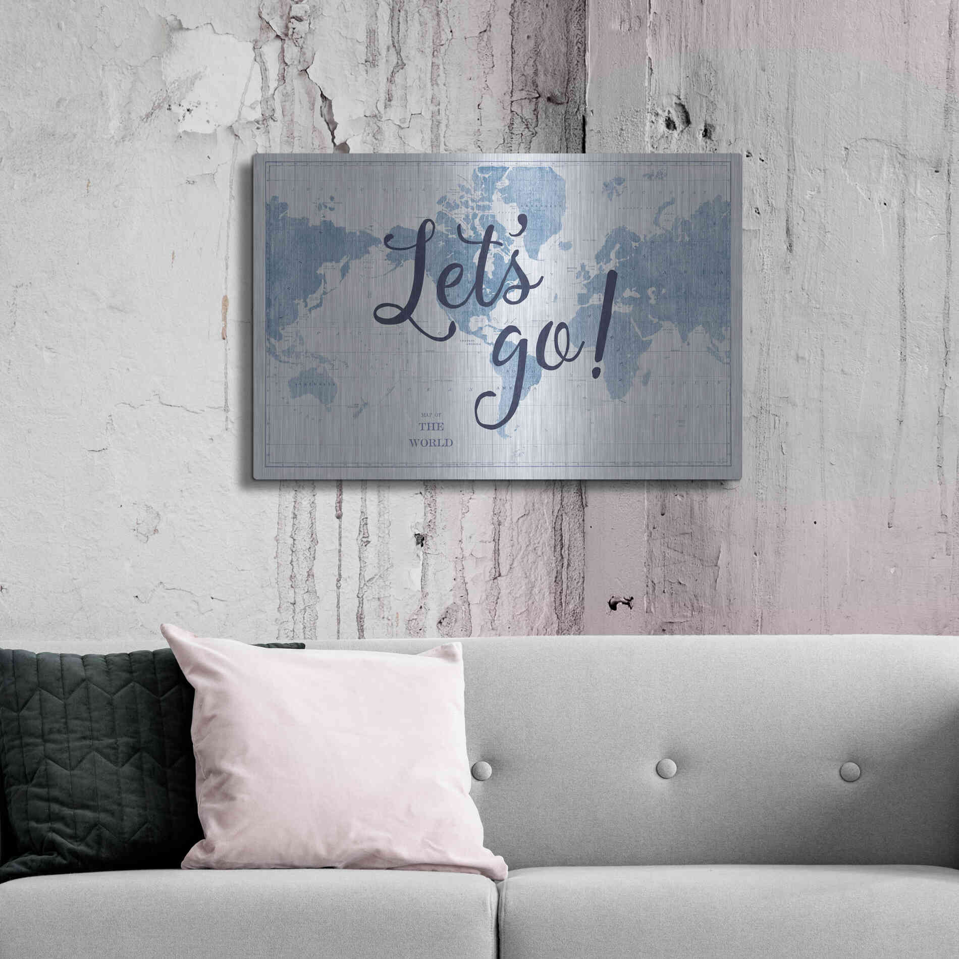 Luxe Metal Art 'Blueprint World Map Lets Go' by Sue Schlabach, Metal Wall Art,36x24
