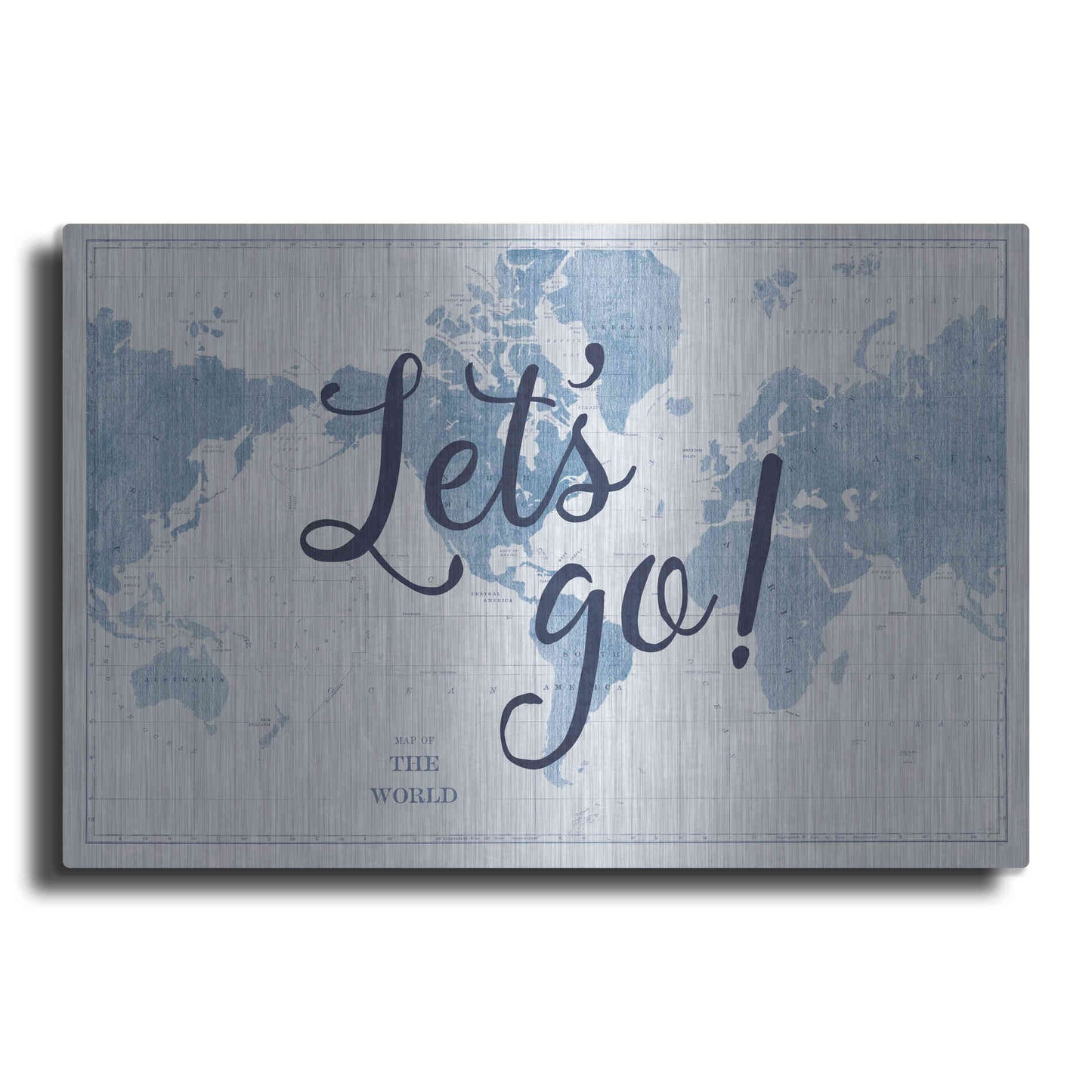 Luxe Metal Art 'Blueprint World Map Lets Go' by Sue Schlabach, Metal Wall Art