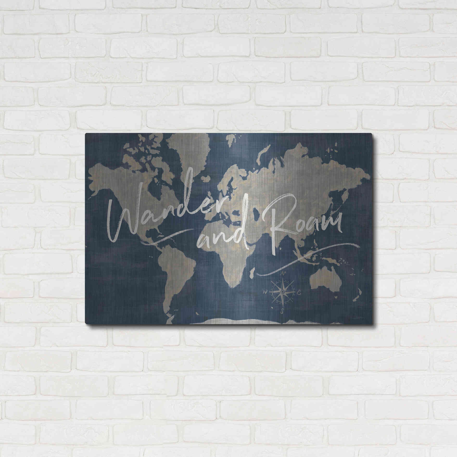 Luxe Metal Art 'World Map Collage Deep Wander' by Sue Schlabach, Metal Wall Art,36x24