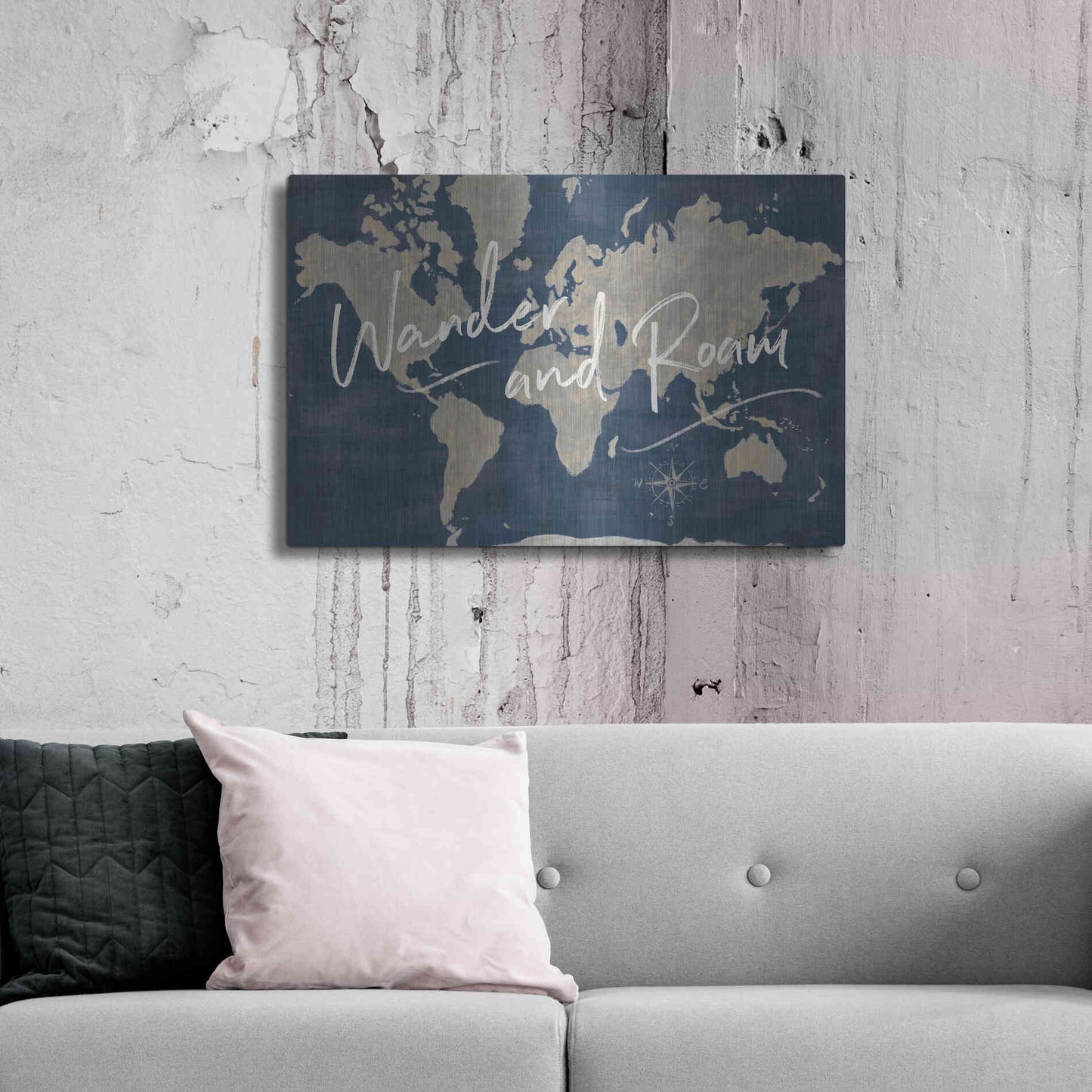 Luxe Metal Art 'World Map Collage Deep Wander' by Sue Schlabach, Metal Wall Art,36x24