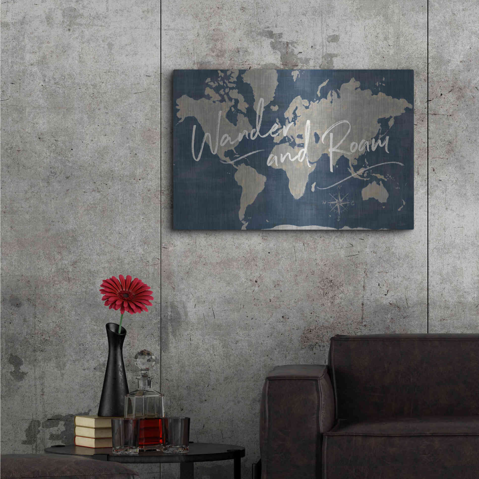 Luxe Metal Art 'World Map Collage Deep Wander' by Sue Schlabach, Metal Wall Art,36x24