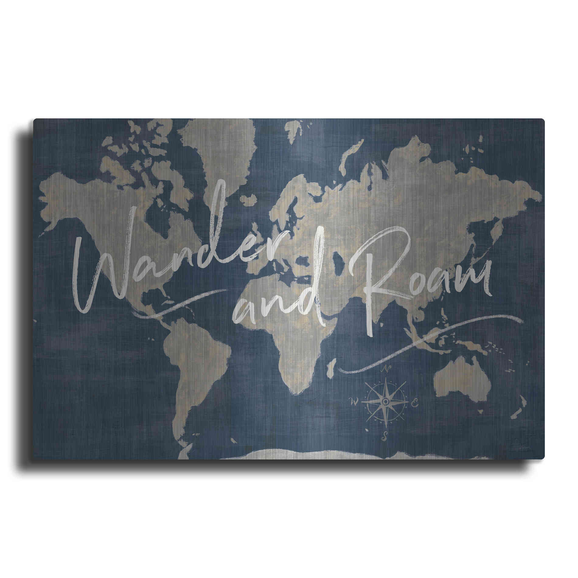 Luxe Metal Art 'World Map Collage Deep Wander' by Sue Schlabach, Metal Wall Art