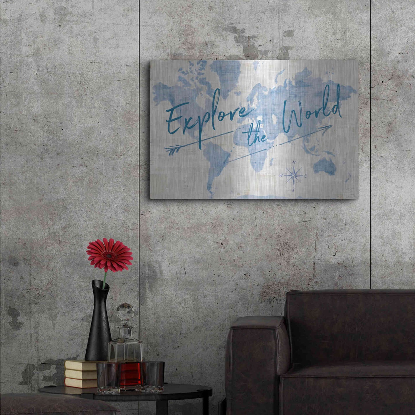 Luxe Metal Art 'World Map Collage Explore' by Sue Schlabach, Metal Wall Art,36x24