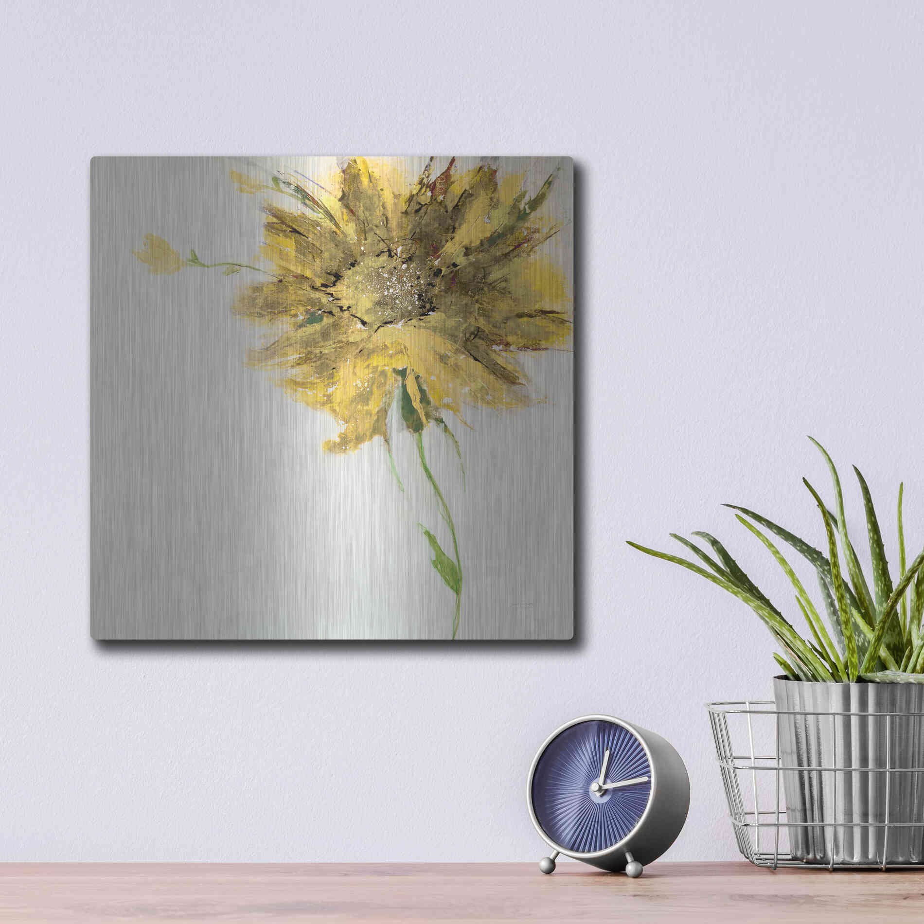 Luxe Metal Art 'Yellow Daisy on White' by Jan Griggs, Metal Wall Art,12x12