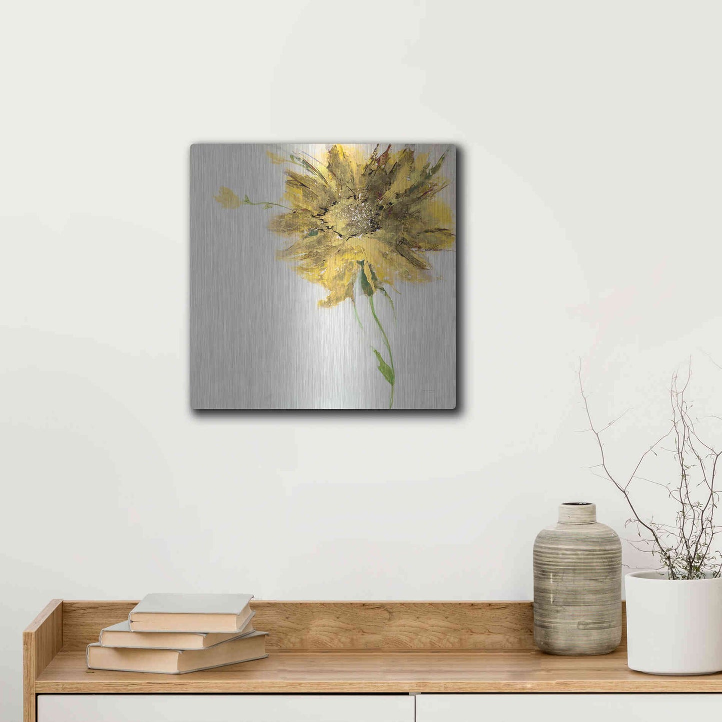 Luxe Metal Art 'Yellow Daisy on White' by Jan Griggs, Metal Wall Art,12x12