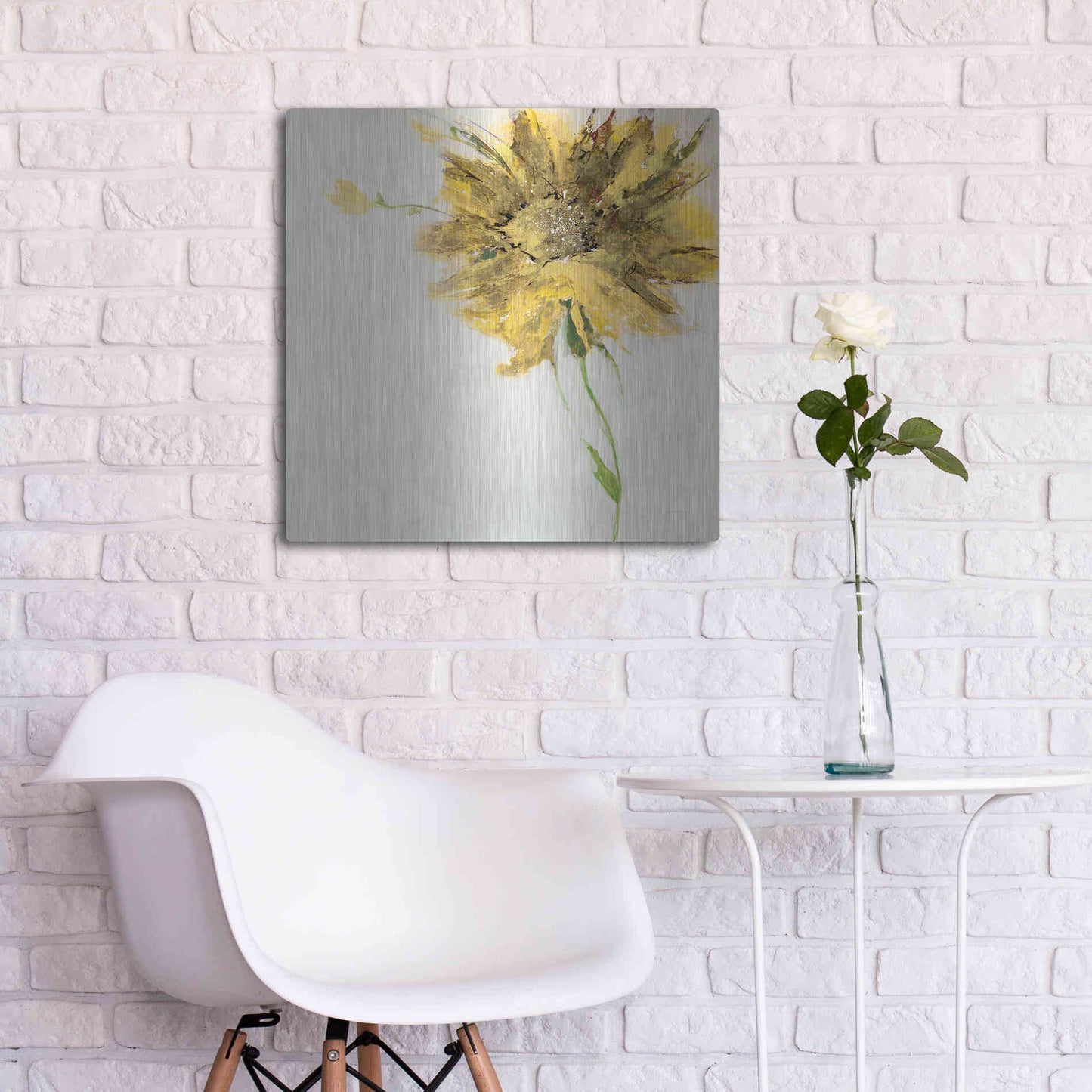 Luxe Metal Art 'Yellow Daisy on White' by Jan Griggs, Metal Wall Art,24x24