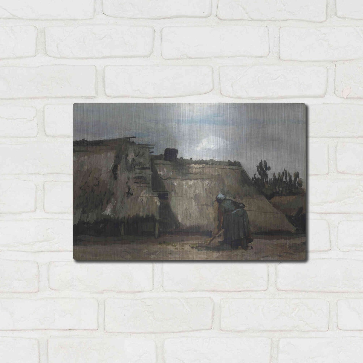 Luxe Metal Art 'A Peasant Woman Digging In Front Of Her Cottage' by Vincent Van Gogh, Metal Wall Art,16x12