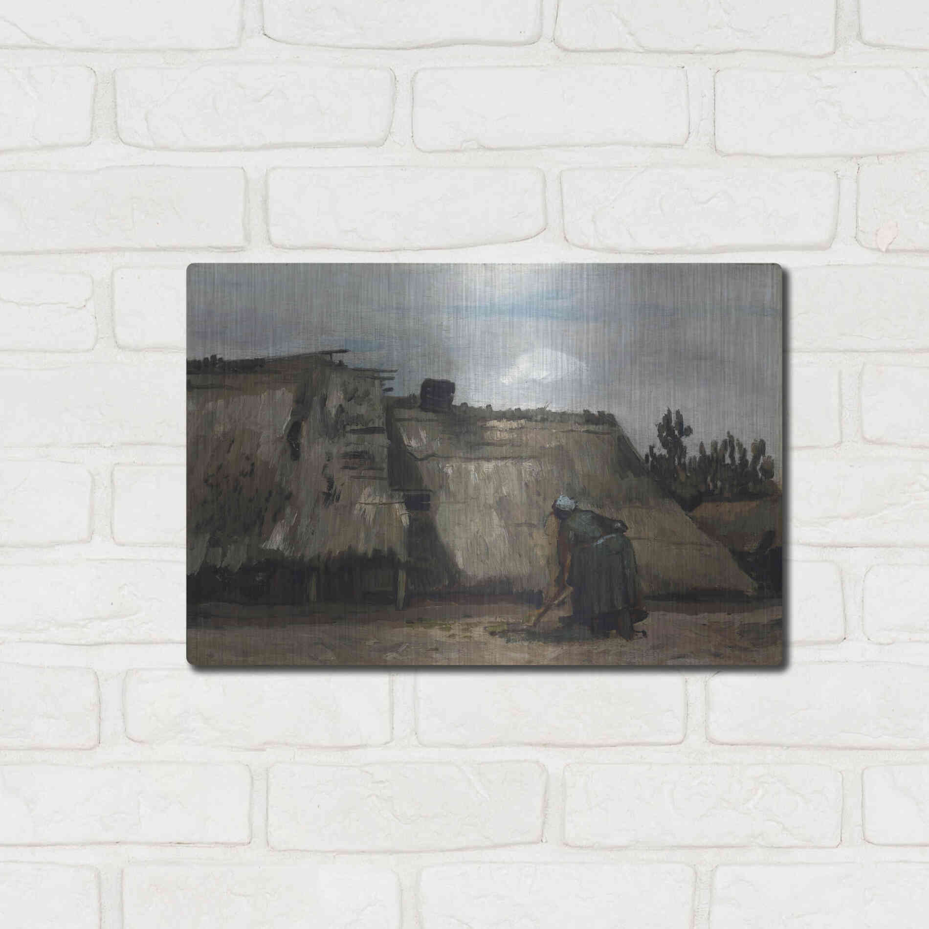 Luxe Metal Art 'A Peasant Woman Digging In Front Of Her Cottage' by Vincent Van Gogh, Metal Wall Art,16x12