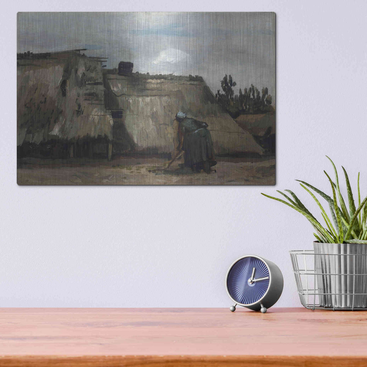 Luxe Metal Art 'A Peasant Woman Digging In Front Of Her Cottage' by Vincent Van Gogh, Metal Wall Art,16x12