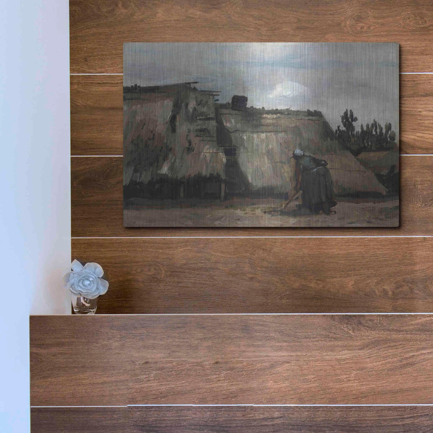 Luxe Metal Art 'A Peasant Woman Digging In Front Of Her Cottage' by Vincent Van Gogh, Metal Wall Art,16x12
