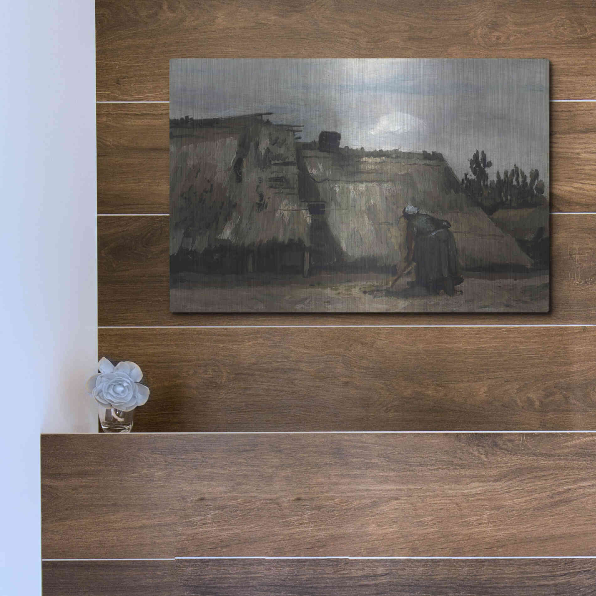 Luxe Metal Art 'A Peasant Woman Digging In Front Of Her Cottage' by Vincent Van Gogh, Metal Wall Art,16x12