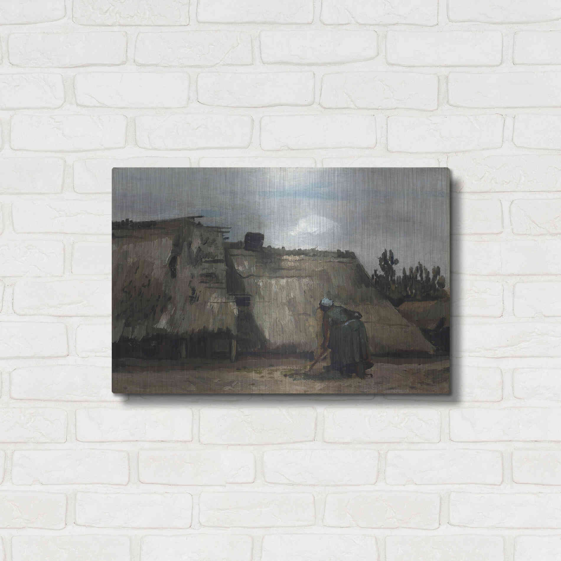 Luxe Metal Art 'A Peasant Woman Digging In Front Of Her Cottage' by Vincent Van Gogh, Metal Wall Art,24x16