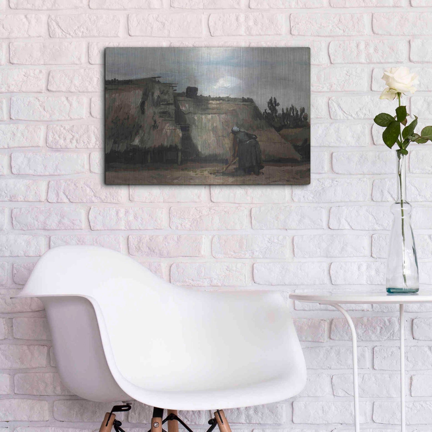 Luxe Metal Art 'A Peasant Woman Digging In Front Of Her Cottage' by Vincent Van Gogh, Metal Wall Art,24x16