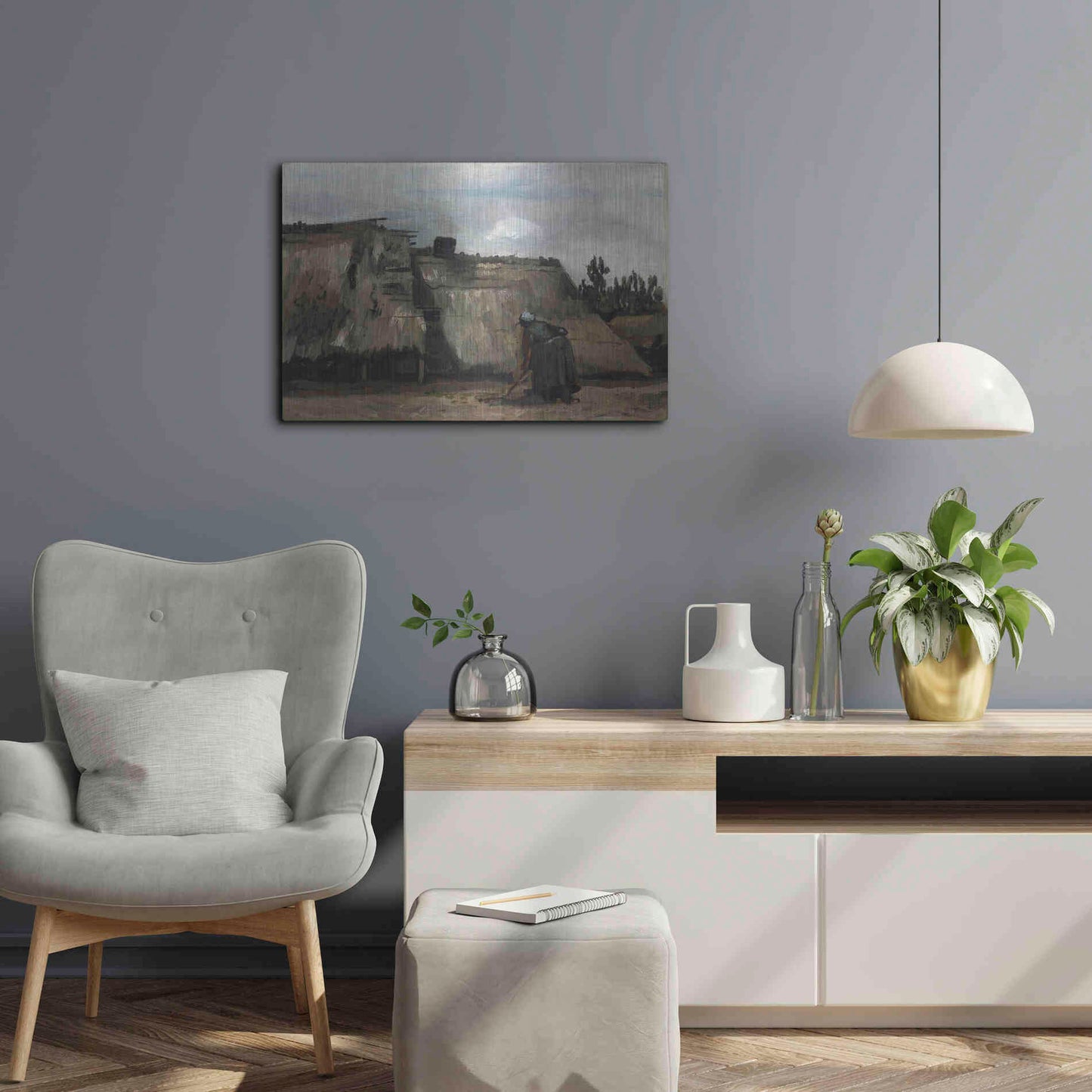 Luxe Metal Art 'A Peasant Woman Digging In Front Of Her Cottage' by Vincent Van Gogh, Metal Wall Art,24x16