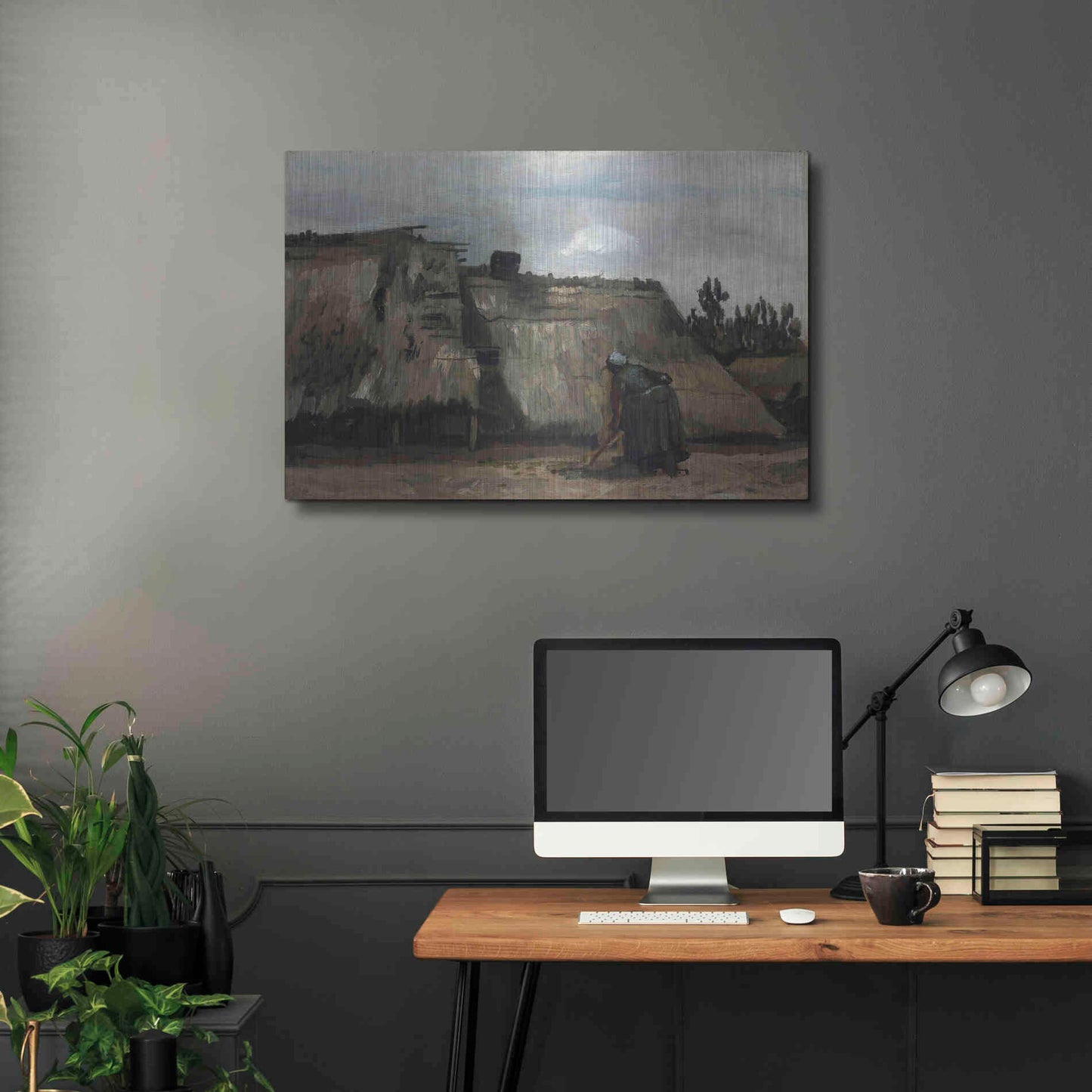 Luxe Metal Art 'A Peasant Woman Digging In Front Of Her Cottage' by Vincent Van Gogh, Metal Wall Art,36x24