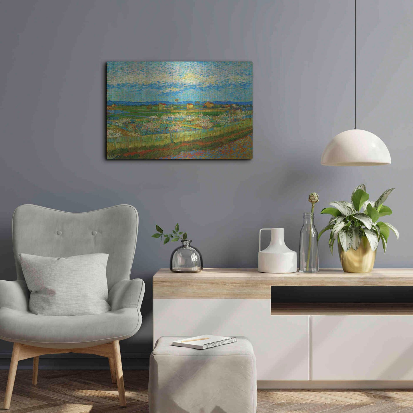 Luxe Metal Art 'Peach Trees In Blossom' by Vincent Van Gogh, Metal Wall Art,24x16