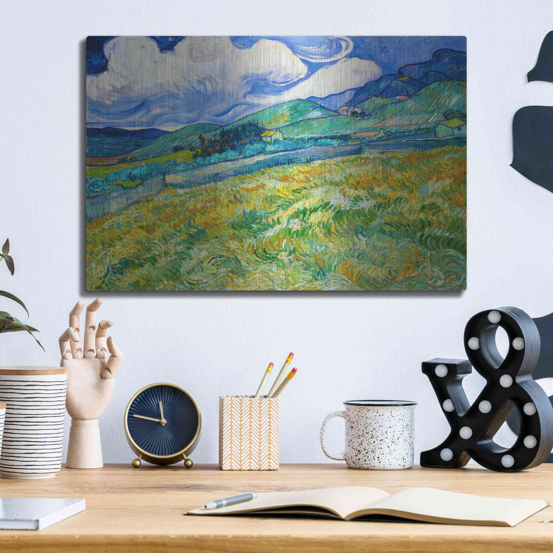Luxe Metal Art 'Landscape From Saint-Remy' by Vincent Van Gogh, Metal Wall Art,16x12