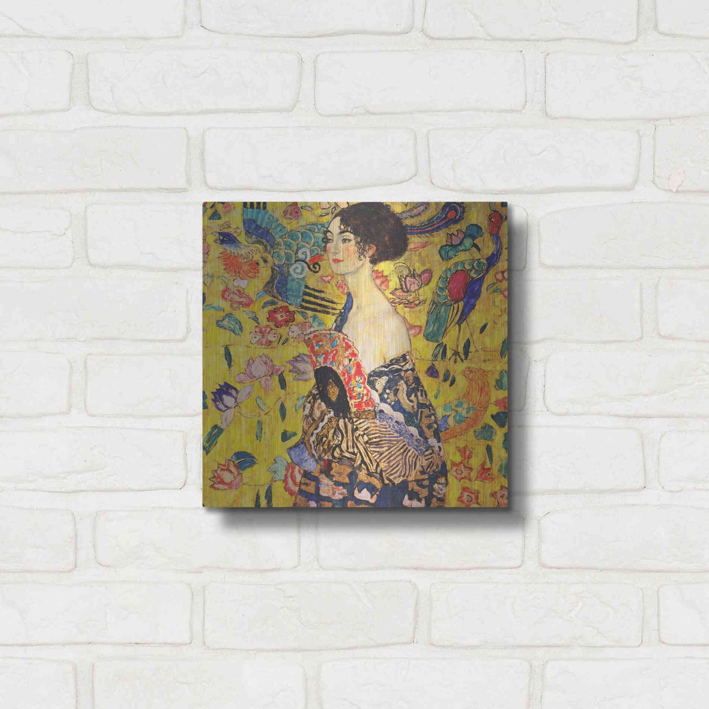 Luxe Metal Art 'Woman with Fan' by Gustav Klimt, Metal Wall Art,12x12