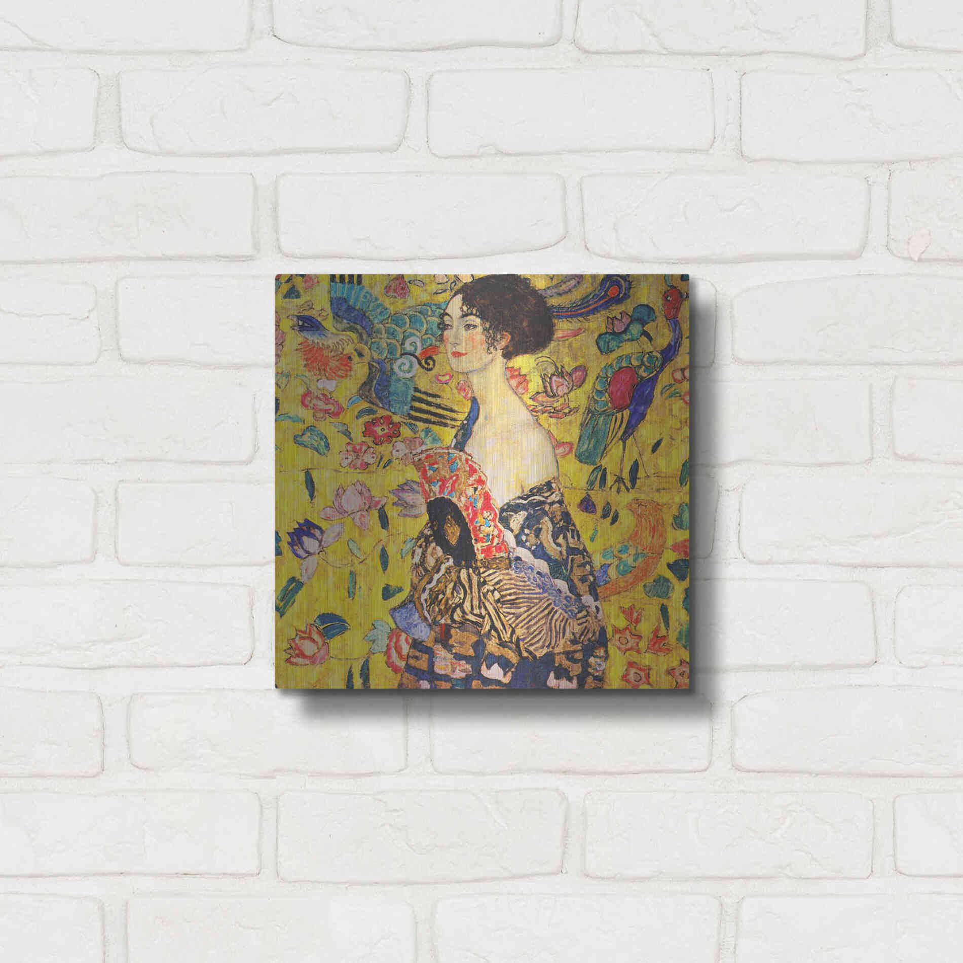 Luxe Metal Art 'Woman with Fan' by Gustav Klimt, Metal Wall Art,12x12