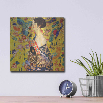 Luxe Metal Art 'Woman with Fan' by Gustav Klimt, Metal Wall Art,12x12