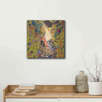 Luxe Metal Art 'Woman with Fan' by Gustav Klimt, Metal Wall Art,12x12