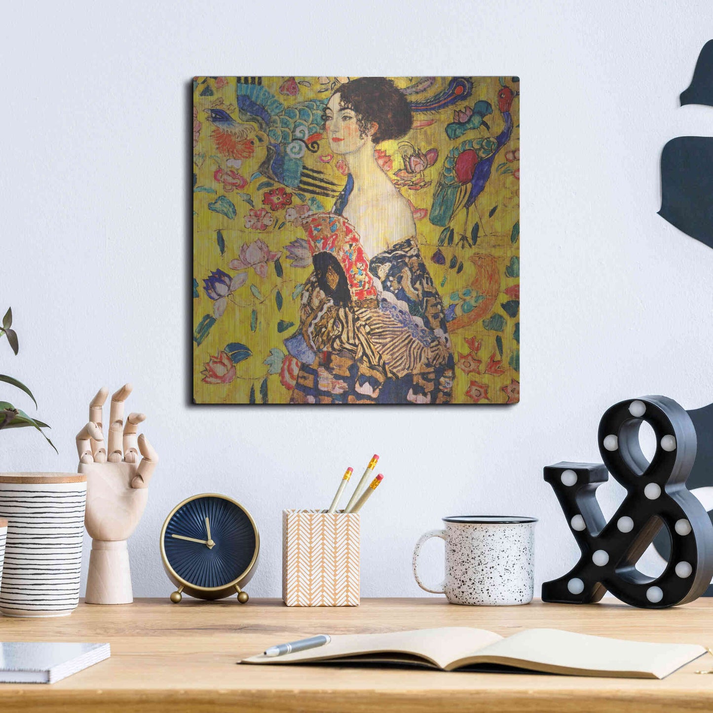 Luxe Metal Art 'Woman with Fan' by Gustav Klimt, Metal Wall Art,12x12