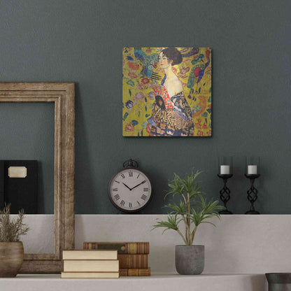 Luxe Metal Art 'Woman with Fan' by Gustav Klimt, Metal Wall Art,12x12