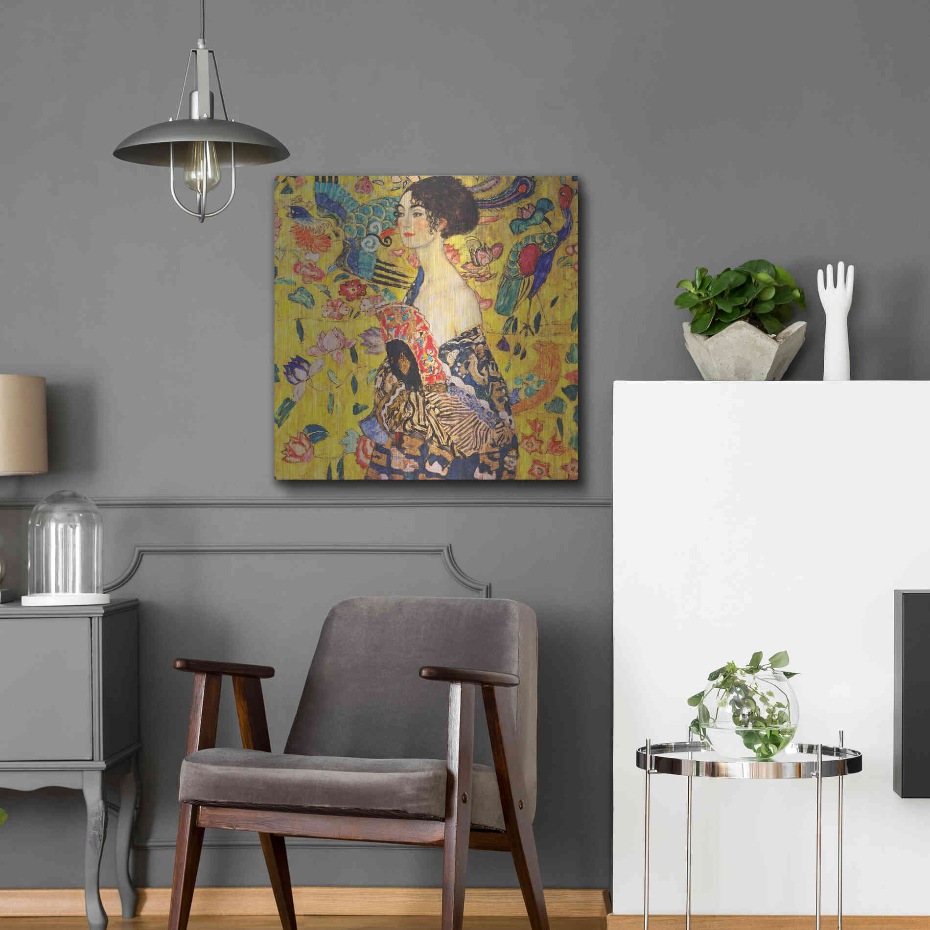 Luxe Metal Art 'Woman with Fan' by Gustav Klimt, Metal Wall Art,24x24