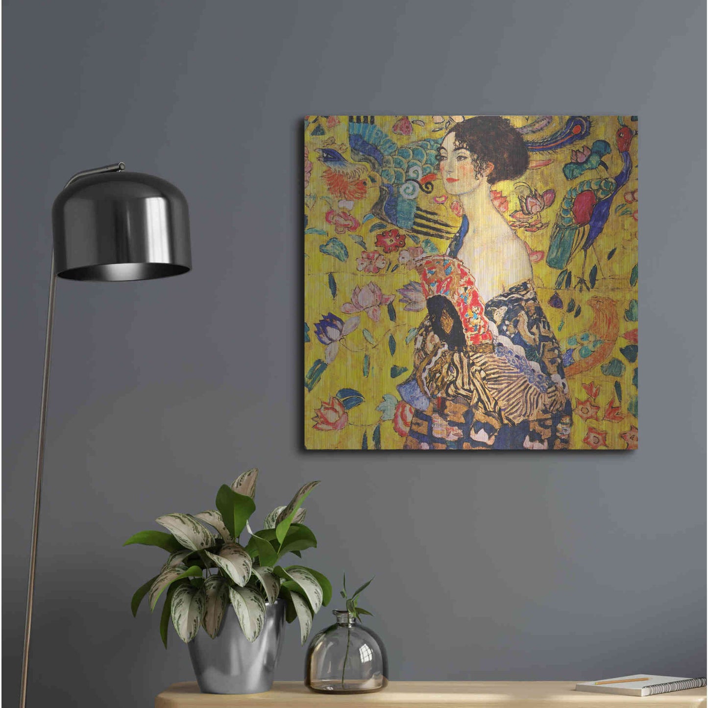 Luxe Metal Art 'Woman with Fan' by Gustav Klimt, Metal Wall Art,24x24