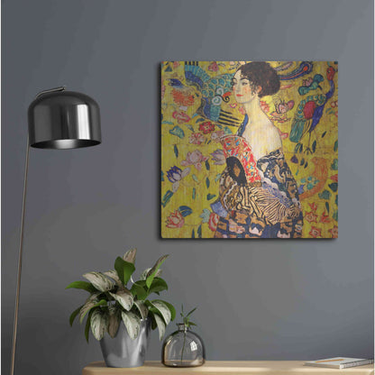 Luxe Metal Art 'Woman with Fan' by Gustav Klimt, Metal Wall Art,24x24