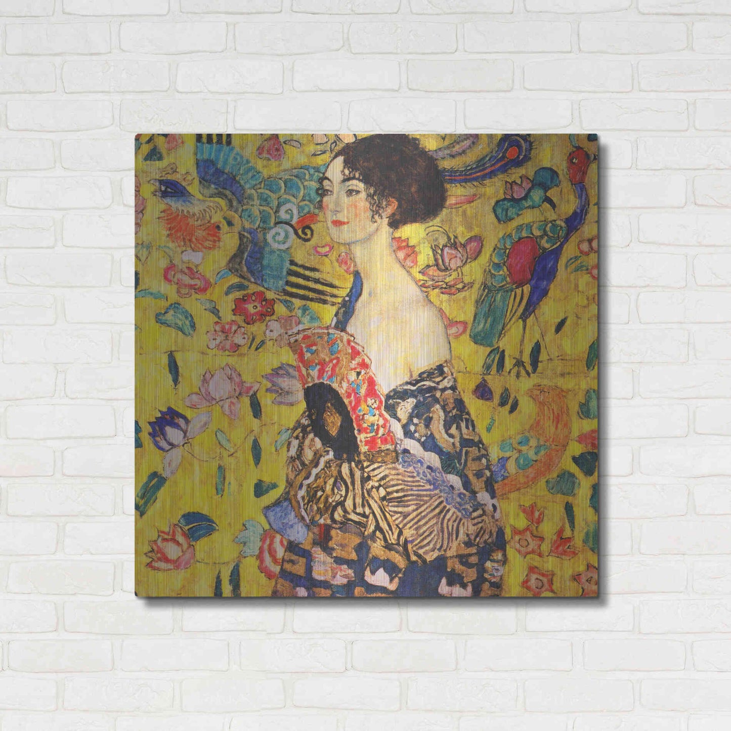 Luxe Metal Art 'Woman with Fan' by Gustav Klimt, Metal Wall Art,36x36