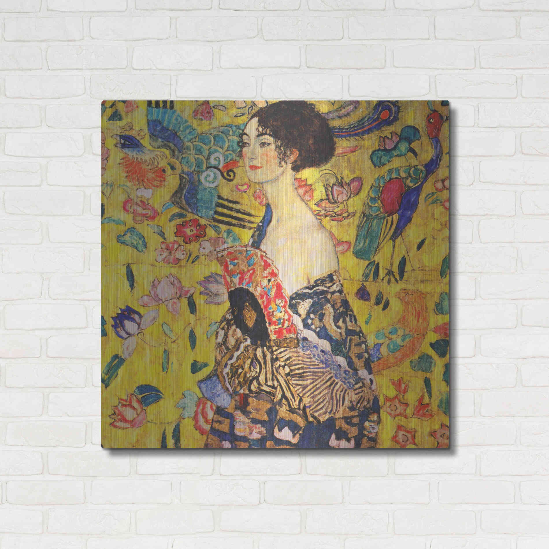 Luxe Metal Art 'Woman with Fan' by Gustav Klimt, Metal Wall Art,36x36