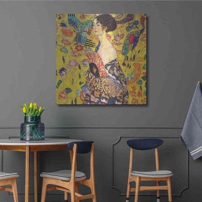 Luxe Metal Art 'Woman with Fan' by Gustav Klimt, Metal Wall Art,36x36
