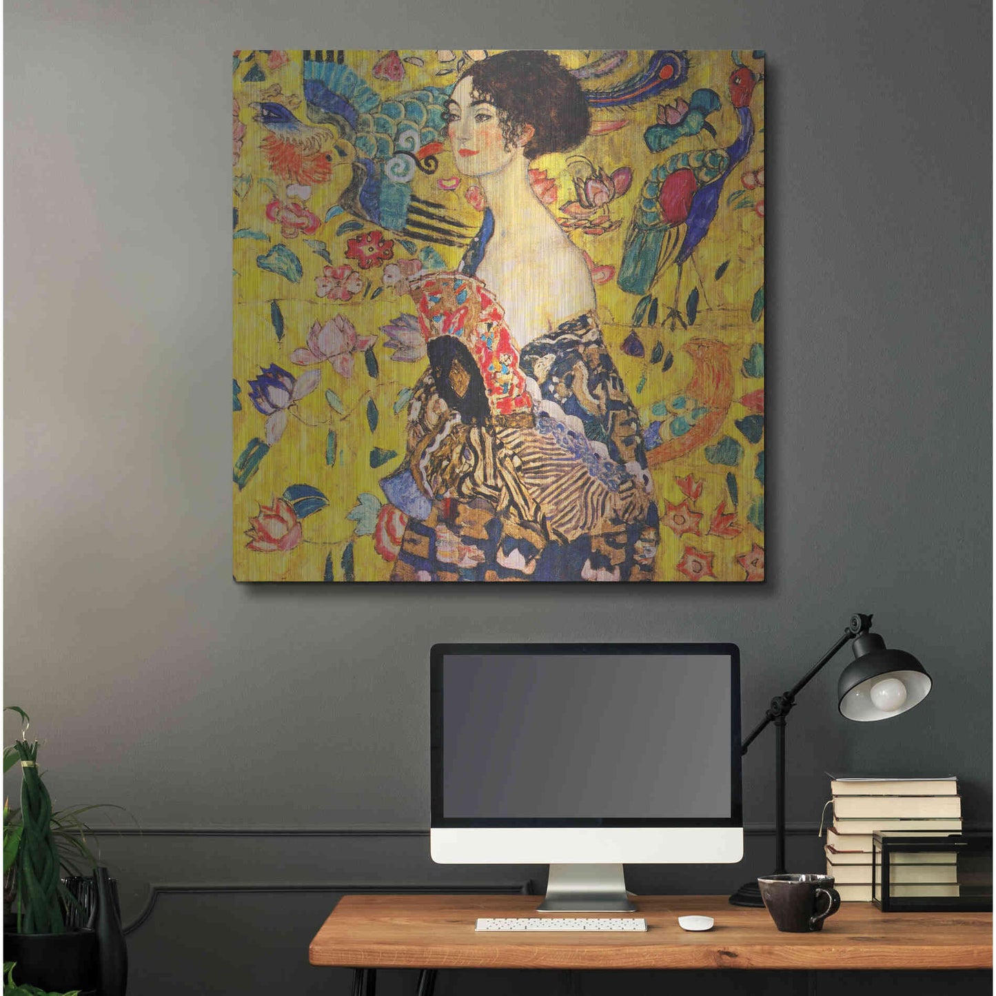 Luxe Metal Art 'Woman with Fan' by Gustav Klimt, Metal Wall Art,36x36