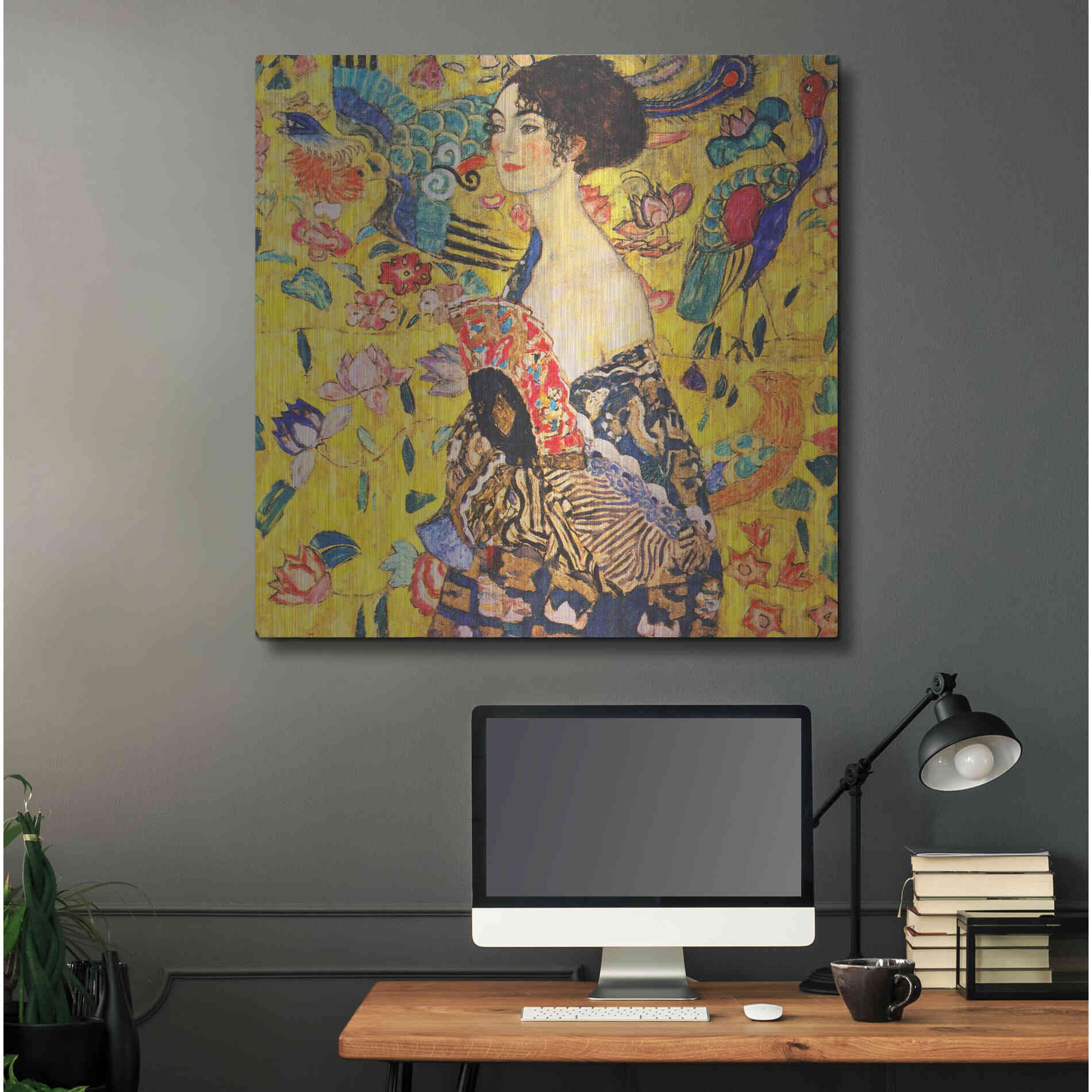 Luxe Metal Art 'Woman with Fan' by Gustav Klimt, Metal Wall Art,36x36