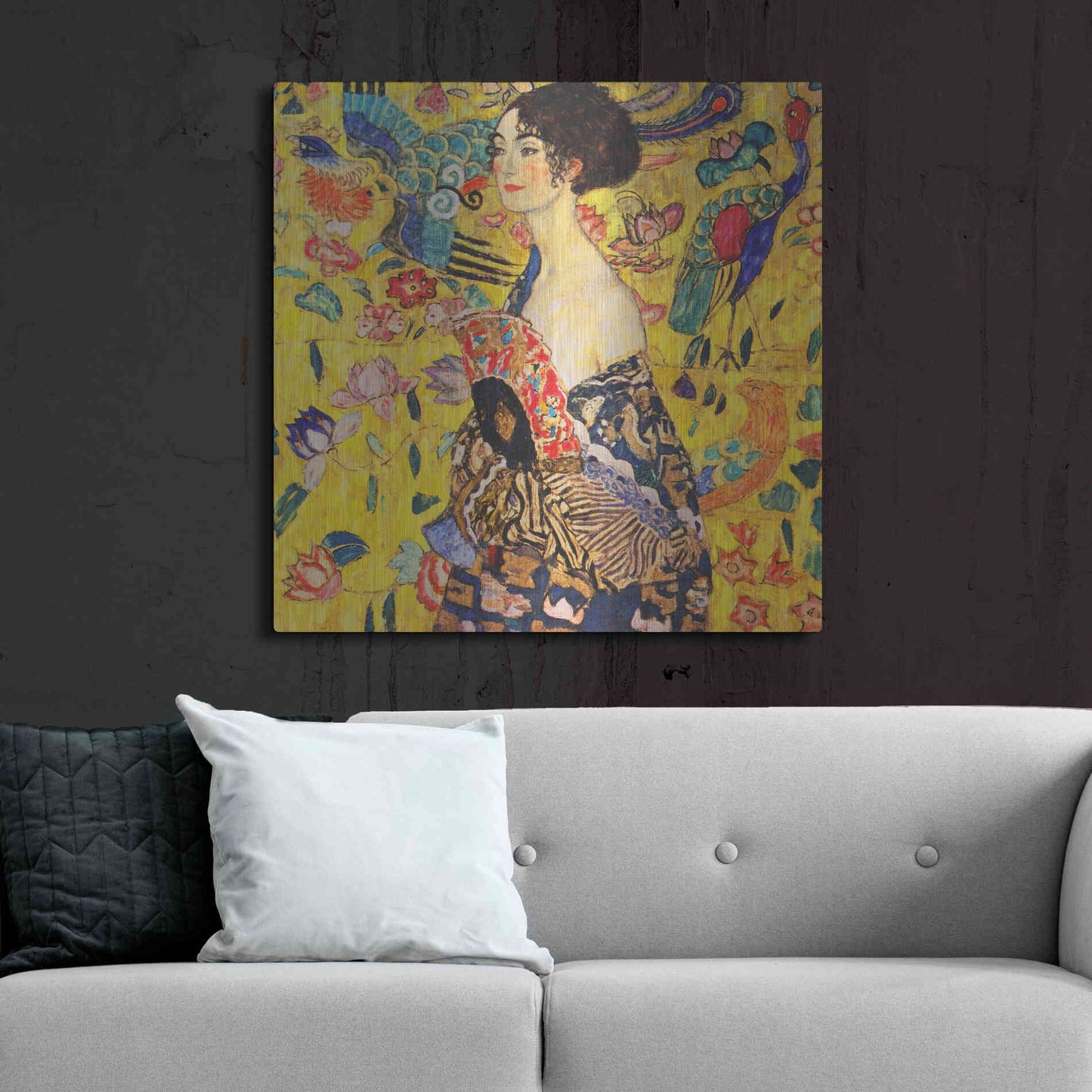 Luxe Metal Art 'Woman with Fan' by Gustav Klimt, Metal Wall Art,36x36