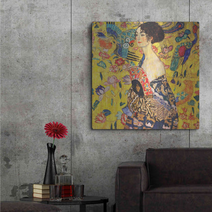 Luxe Metal Art 'Woman with Fan' by Gustav Klimt, Metal Wall Art,36x36