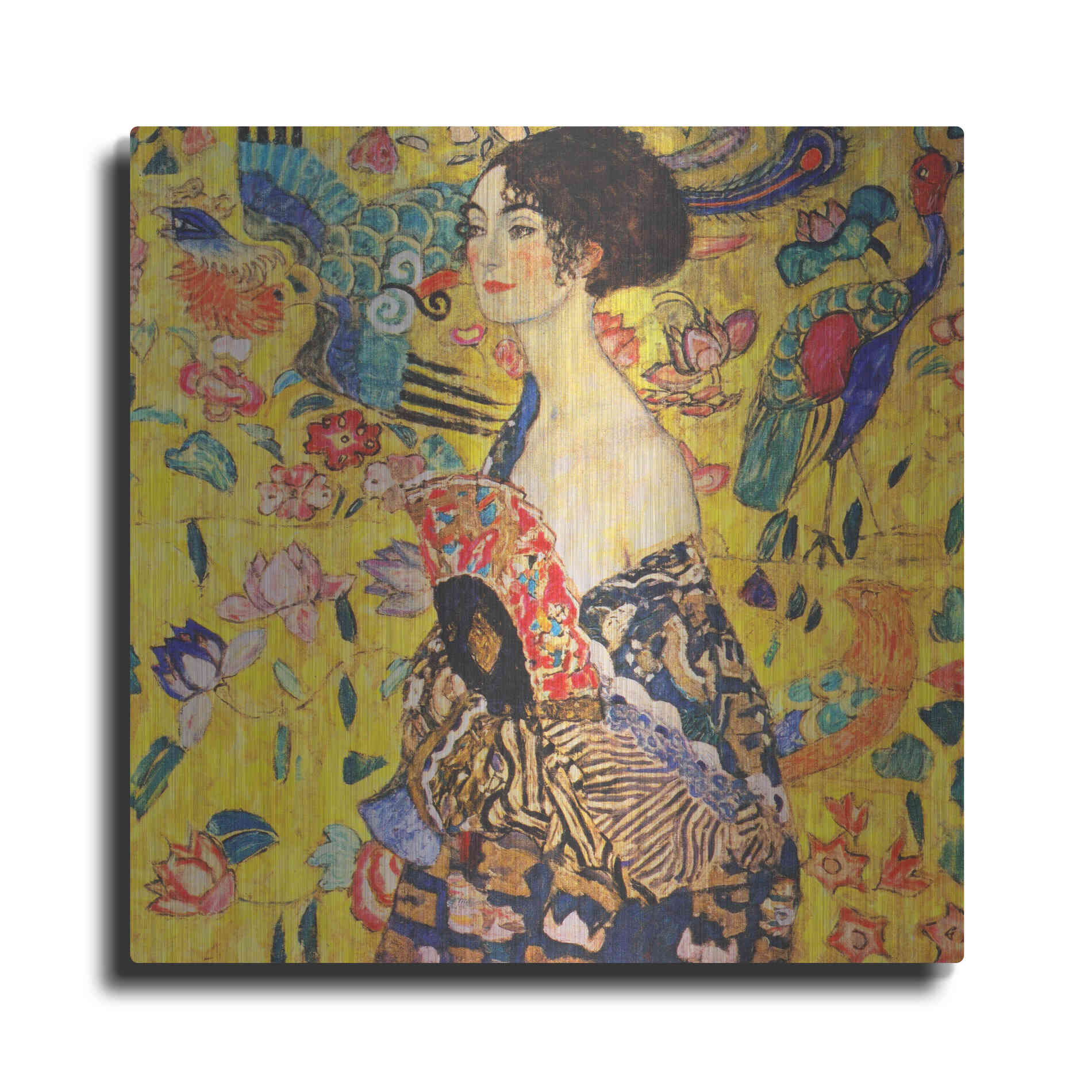 Luxe Metal Art 'Woman with Fan' by Gustav Klimt, Metal Wall Art