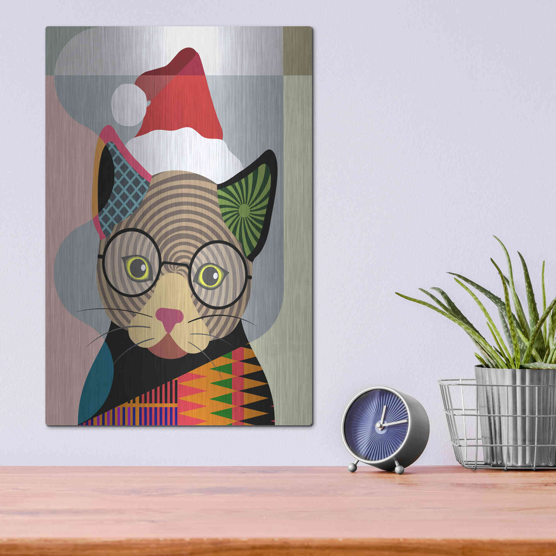Luxe Metal Art 'Santa Kitty' by Lanre Adefioyue, Metal Wall Art,12x16