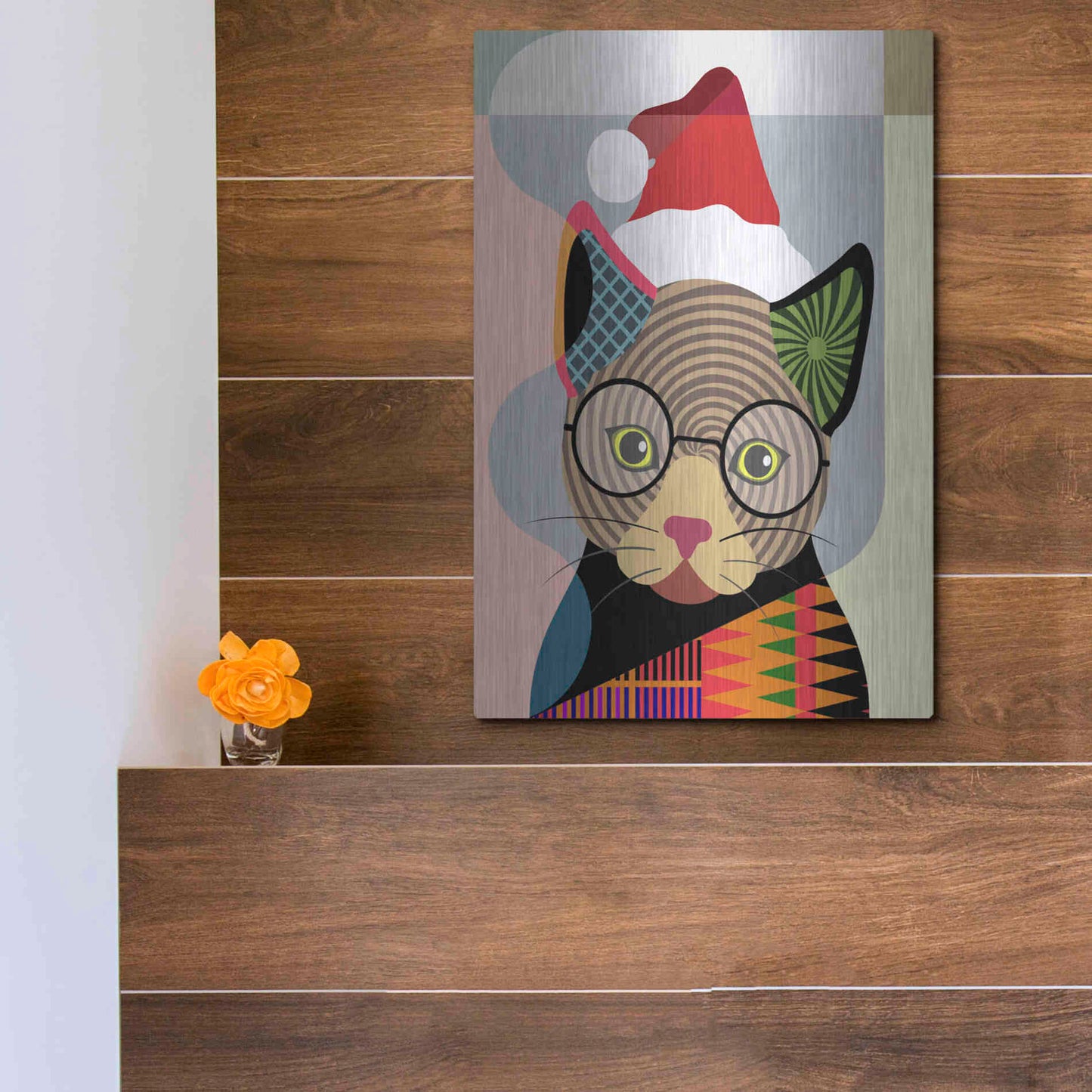 Luxe Metal Art 'Santa Kitty' by Lanre Adefioyue, Metal Wall Art,12x16