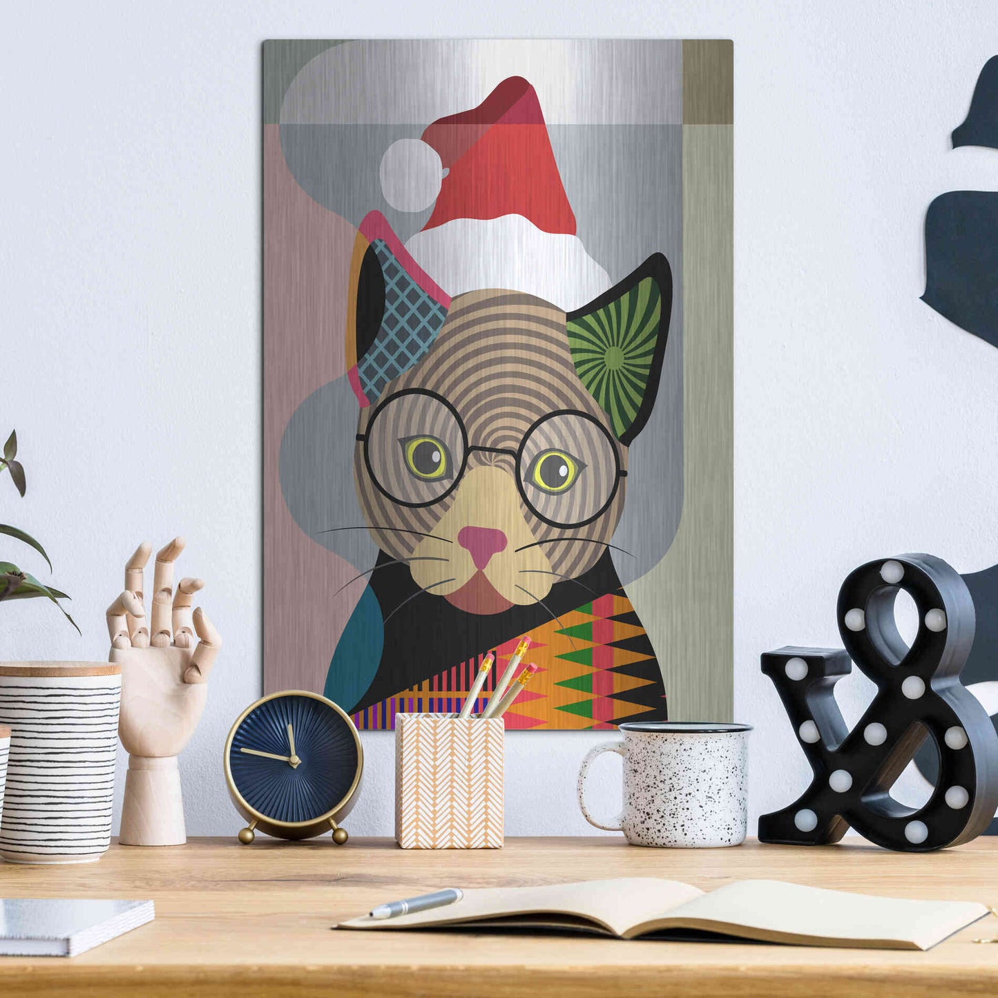 Luxe Metal Art 'Santa Kitty' by Lanre Adefioyue, Metal Wall Art,12x16