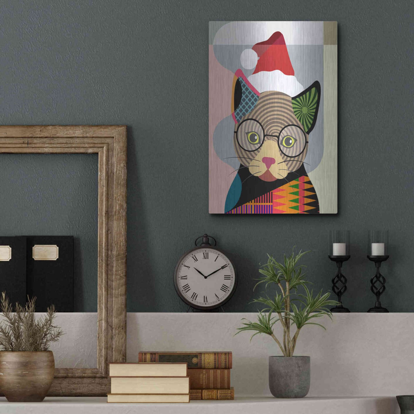 Luxe Metal Art 'Santa Kitty' by Lanre Adefioyue, Metal Wall Art,12x16